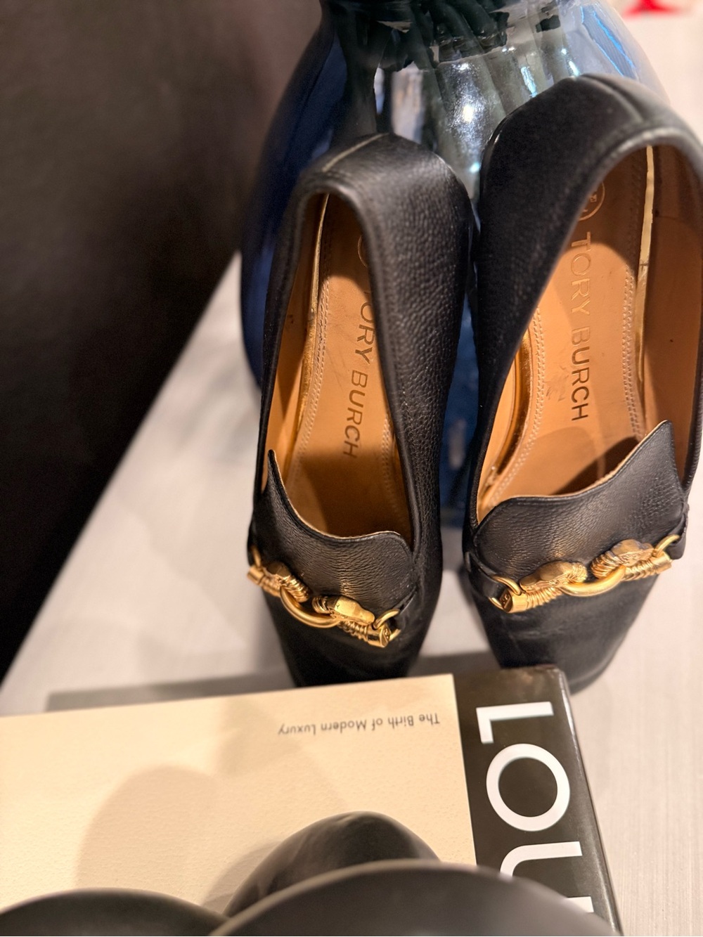 Tory Burch Black Leather Loafers with Gold Chain Detail